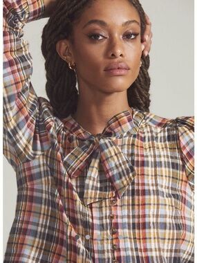 Anthropologie Pilcro Plaid Long-Sleeve Button Front Top w/tie